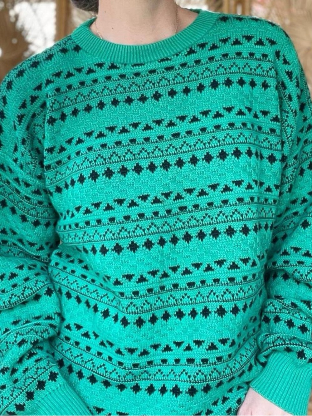 80s 90s Eric Rhodes Green Black Knit Sweater Classic Retro Geometric Nordic L
